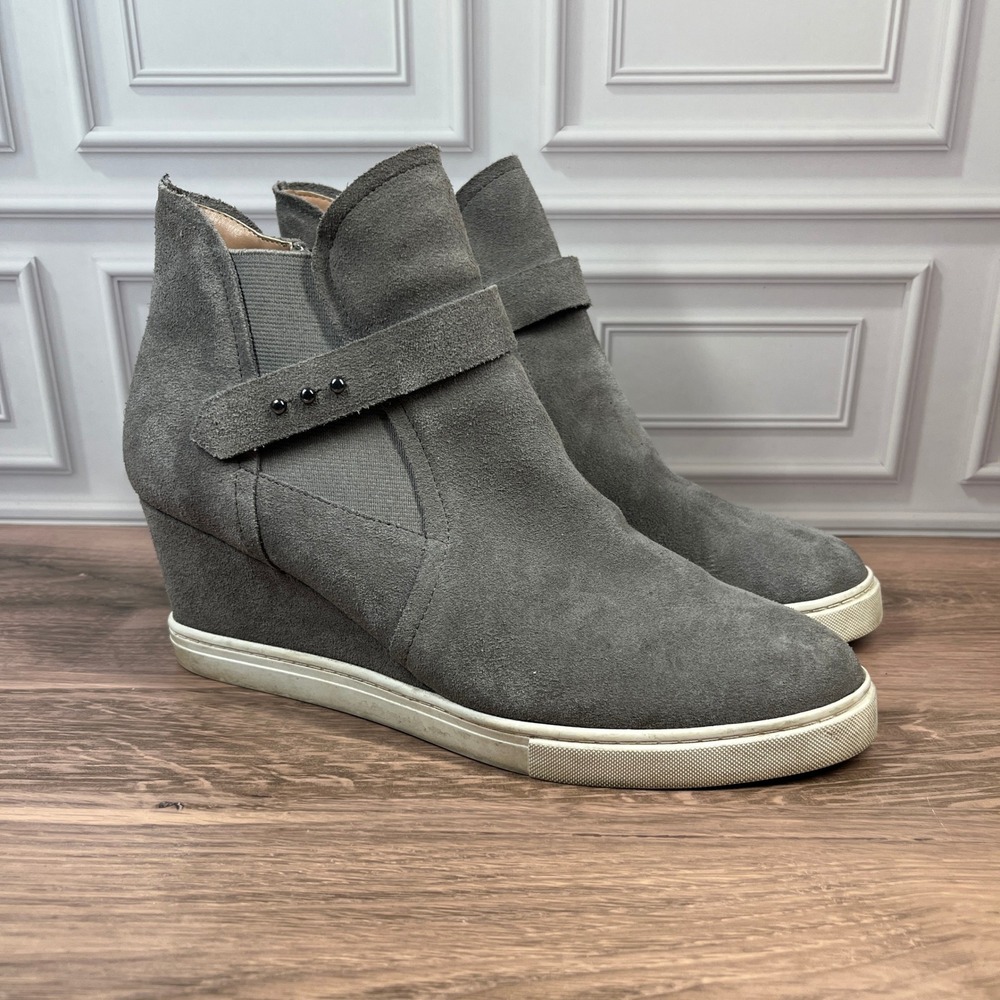 Linea Paolo Wedge Sneaker Booties Women Grey Suede Studdedâ Zip Ankle Boots Sz 9